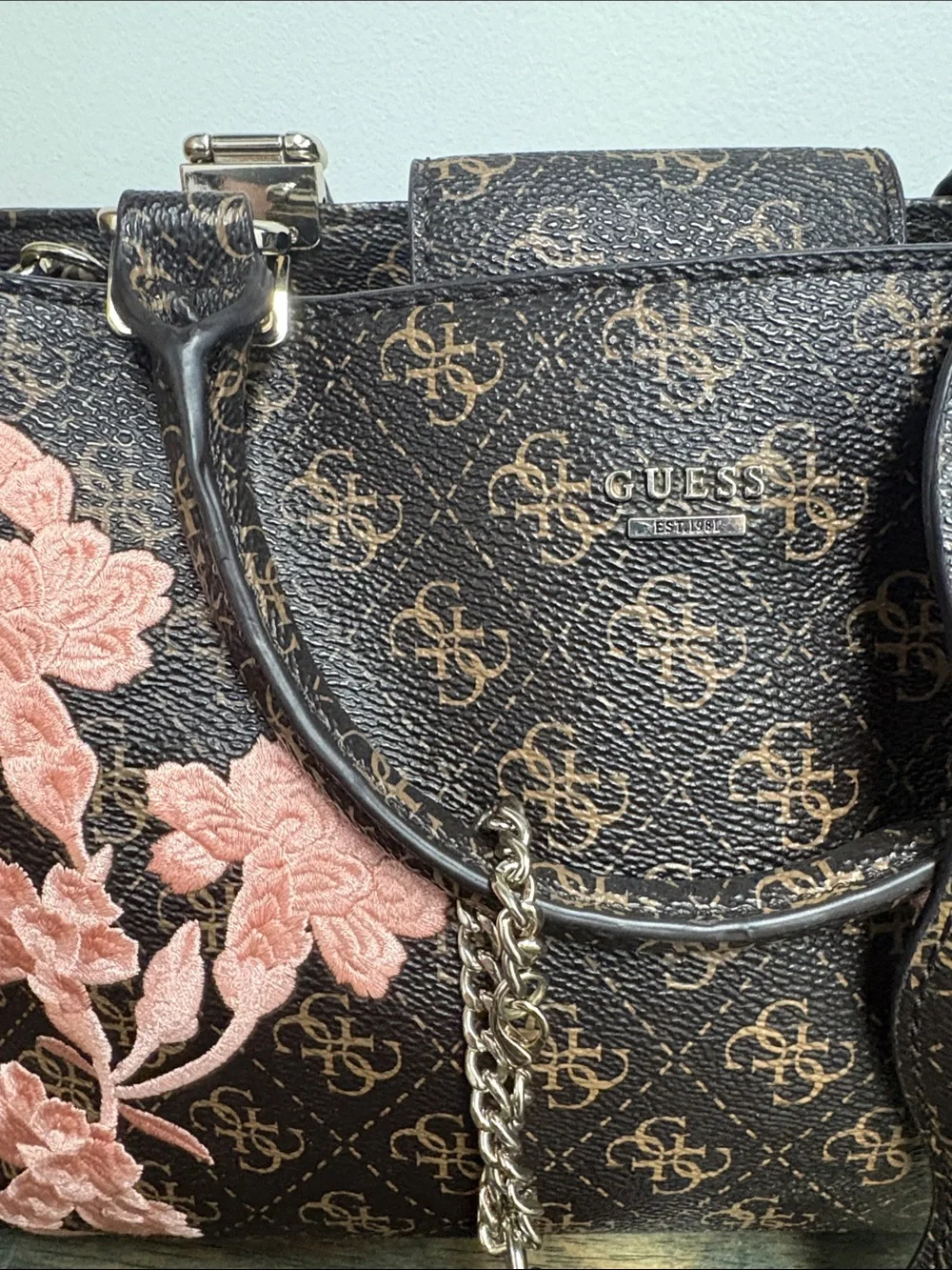 GUESS Brown Satchel with Pink Floral Embroidery